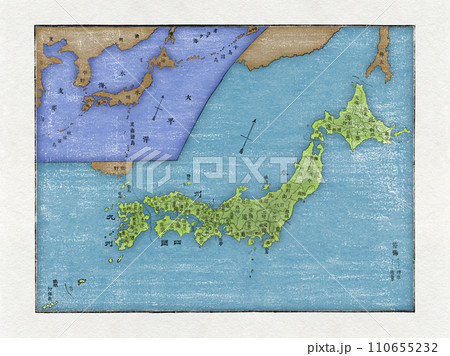 木版画風に彩色加工した、江戸末期から明治初期の日本地図 木版画風に彩色加工した、江戸末期から明治初期の日本地図 110655232