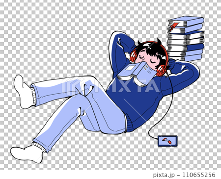 A boy falls asleep while reading while listening to music 110655256