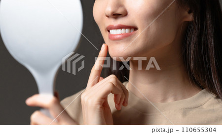 鏡で歯並びを確認する女性 110655304