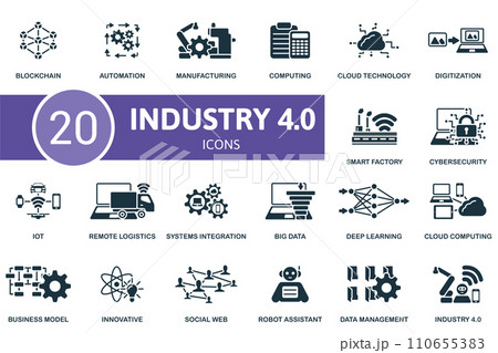 Industry 4.0 icons set. Creative icons: blockchain, automation, manufacturing, computing, cloud technology, digitalization and more Industry 4.0 icons set. Creative icons: blockchain, automation, manufacturing, computing, cloud technology, digitalization and more 110655383