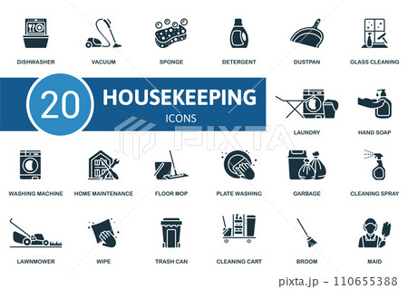 Housekeeping icons set. Creative icons: dishwasher, vacuum, sponge, detergent, dustpan, glass cleaning, laundry, hand soap and more 110655388