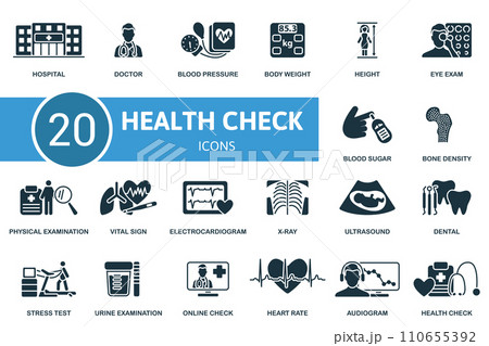Health check icons set. Creative icons: hospital, doctor, blood pressure, body weight, height, eye exam, blood sugar, bone density and more 110655392