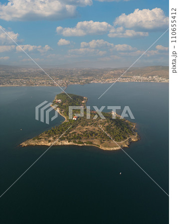 Drone footage at Urla Izmir Province, Turkey. Known as Quarantine Island. During the 19th century the island was equipped with the up to date medical instruments and it was used as a quarantine island 110655412