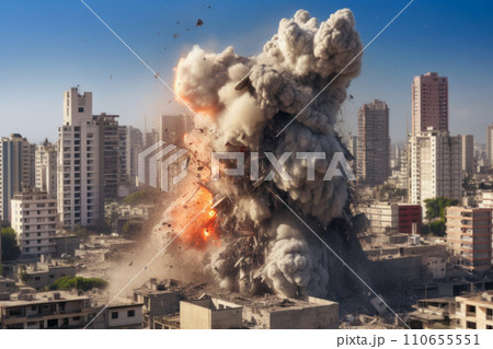 Clouds of smoke, and rebar from building explosion in the city. Generative Ai. 110655551