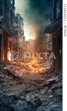 Fire and smoke on ruins of a destroyed city. Generative Ai. 110656511