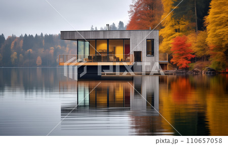 AI-generated content. Gray wooden house with panoramic windows against the background of forest 110657058