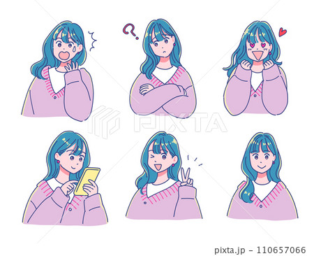 ロングヘアの女の子の表情セット 110657066