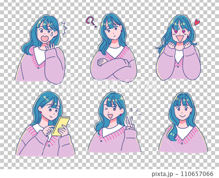ロングヘアの女の子の表情セット 110657066