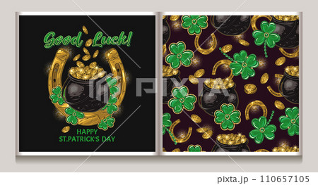 St Patricks day seamless pattern, label with shamrock leaves, pot full of golden treasure, golden horseshoe, scattered coins. Vintage illustration for prints, clothing, t shirt, holiday goods design 110657105