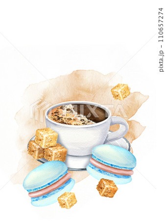 watercolor postcard with sweet breakfast, hand drawn illustration of coffee theme, cup of espresso, macaroons and brown sugar cubs on watercolor splashes background 110657274