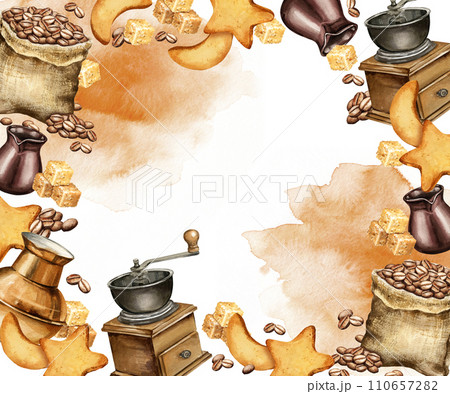 watercolor frame of coffee theme with gunny sack with coffee beans, coffee mull, cookies, Turkish coffee pot, hand drawn illustration, banner with splash watercolor background 110657282