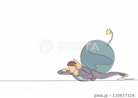 Single one line drawing depressed businessman under heavy bomb burden. Office employee stress due to debt explosion. Financial crisis problem. Continuous line draw design graphic vector illustration 110657326
