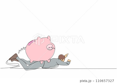 Single continuous line drawing of depressed businessman under heavy piggy bank burden. Broke and financial problems concept. Searching money in crisis. One line draw graphic design vector illustration 110657327