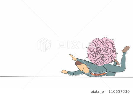 Single continuous line drawing depressed businessman under heavy messy line burden. Stress burden, anxiety from work difficulty, overload, economic crisis problem. One line design vector illustration 110657330