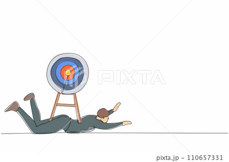 Single one line drawing of depressed businessman under heavy target burden. Effort and ambition to reach goal or target, challenge to win higher target. Continuous line draw design vector illustration 110657331