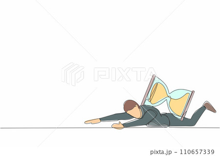 Single continuous line drawing of depressed businessman under heavy hourglass burden. Unhappy office clerk has time management problems. Work overload. One line draw graphic design vector illustration 110657339