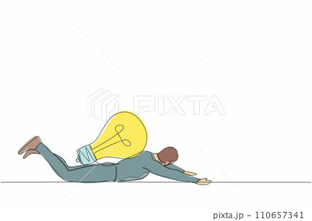 Single continuous line drawing of depressed businessman under heavy light bulb burden. Worker without new ideas or lack of inspiration in work and business. One line graphic design vector illustration 110657341