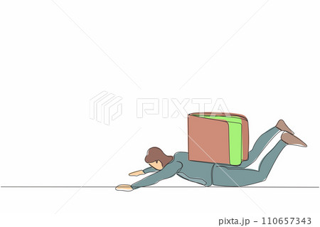 Single one line drawing depressed businessman under heavy wallet burden. Tired hard working office employee. Financial and economic crisis concept. Continuous line design graphic vector illustration 110657343