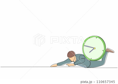 Continuous one line drawing depressed businessman under heavy wall clock burden. Stressed complete work within deadline and timeline. Work under pressure. Single line draw design vector illustration 110657345
