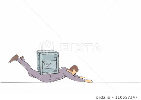 Single one line drawing depressed businessman under heavy safe deposit box burden. Money loss in pandemic crisis, company cannot pay for debt and bankruptcy. Continuous line design vector illustration 110657347