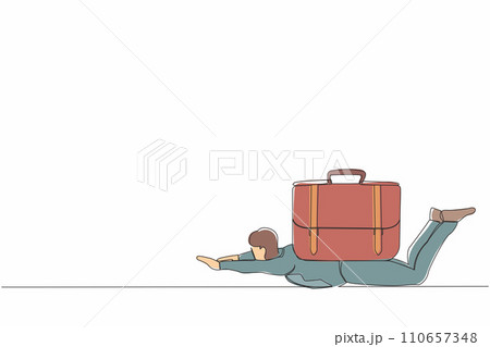 Single continuous line of drawing depressed businessman under heavy briefcase burden. Anxiety from work and overload. Pressure from too much responsibility. One line graphic design vector illustration 110657348
