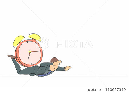 Continuous one line drawing depressed businessman under heavy alarm clock burden. Pressure to complete work deadlines. Stressed worker because lot of work. Single line draw design vector illustration 110657349