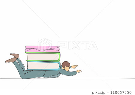 Single continuous line drawing depressed businessman under heavy stack paper and folder burden. Paperwork stress pressure metaphor. Office worker overworked with paperwork. One line draw design vector 110657350