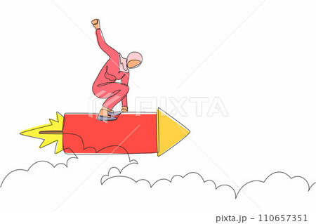 Single continuous line drawing Arabian businesswoman standing astride a rocket and flying through the air. Successful business and motivation concept. One line draw graphic design vector illustration 110657351
