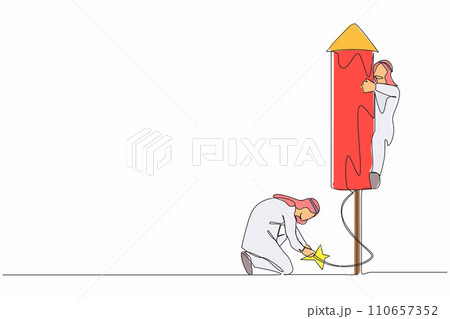 Single one line drawing Arab businessman ignites firework rocket while his teammates prepare to fly on the rocket. Business leadership metaphor. Continuous line draw design graphic vector illustration 110657352
