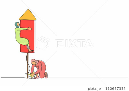 Single one line drawing Arab businesswoman ignites fireworks rocket while her teammates prepare to fly on the rocket. Business transformation metaphor. Continuous line draw design vector illustration 110657353