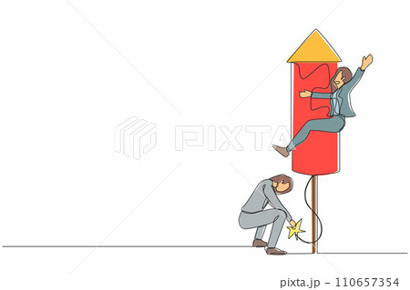 Continuous one line drawing businesswoman ignites fireworks rocket while her teammates prepare to fly on the rocket. Business innovation metaphor. Single line draw design vector graphic illustration 110657354