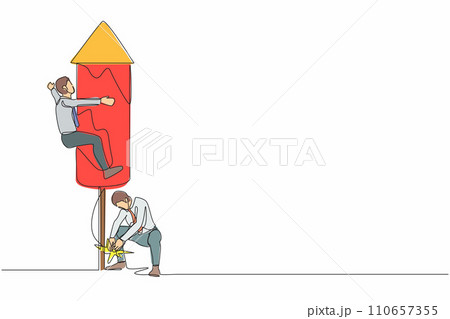 Single continuous line drawing businessman ignites a fireworks rocket while his teammates prepare to fly on the rocket. Business motivation metaphor. One line draw graphic design vector illustration 110657355