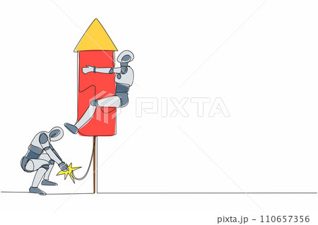 Single one line drawing robot ignite firework rocket while his teammates prepare to fly on the rocket. Modern robotic artificial intelligence. Continuous line draw design graphic vector illustration 110657356