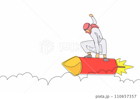 Single continuous line drawing happy Arab businessman riding a rocket through the sky, concept for business success, motivation and innovation. Dynamic one line draw graphic design vector illustration 110657357