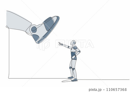 Single continuous line drawing robot facing against giant shoes stomping. Robot pointing against giant foot step. Modern robotic artificial intelligence. One line graphic design vector illustration Single continuous line drawing robot facing against giant shoes stomping. Robot pointing against giant foot step. Modern robotic artificial intelligence. One line graphic design vector illustration 110657368