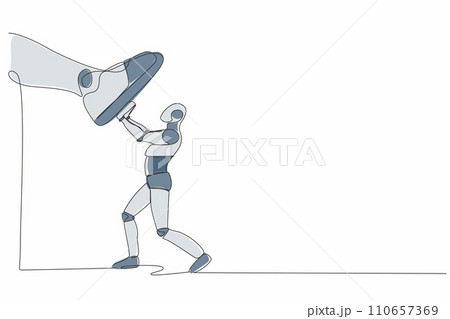 Single one line drawing robot against giant shoes stomping. Robot push against giant foot step. Future technology development. Artificial intelligence. Continuous line draw design vector illustration Single one line drawing robot against giant shoes stomping. Robot push against giant foot step. Future technology development. Artificial intelligence. Continuous line draw design vector illustration 110657369