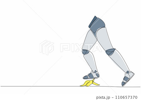 Continuous one line drawing of unlucky robot leg step on banana peel. Imminent danger, banana peel under robot foot. Humanoid robot cybernetic organism. Single line design vector graphic illustration Continuous one line drawing of unlucky robot leg step on banana peel. Imminent danger, banana peel under robot foot. Humanoid robot cybernetic organism. Single line design vector graphic illustration 110657370