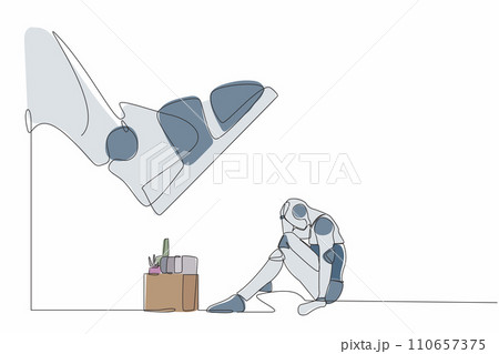 Single continuous line drawing robot sitting on the floor near office supplies under big foot stomp. Unemployment, dismissal. Robotic artificial intelligence. One line draw design vector illustration Single continuous line drawing robot sitting on the floor near office supplies under big foot stomp. Unemployment, dismissal. Robotic artificial intelligence. One line draw design vector illustration 110657375