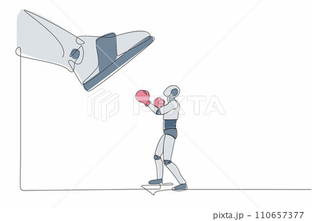 Single one line drawing robot punching uppercut under big foot stomp. Robot against authoritarian or anger boss. Future technology development. Continuous line draw design graphic vector illustration 110657377