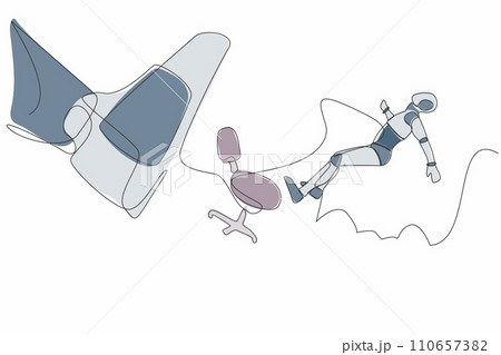 Continuous one line drawing of robot kicked out by big foot from chair. Staff reduction. Humanoid cybernetic organism. Future robotic development. Single line draw design vector graphic illustration 110657382