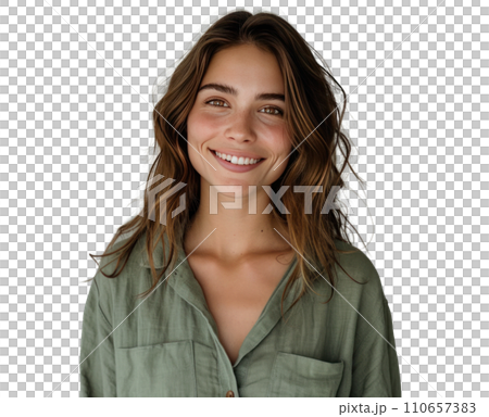a smiling woman holding a green shirt with brown hair woman with skin 110657383