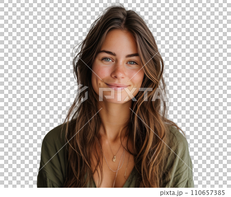 a smiling woman holding a green shirt with brown hair woman with skin a smiling woman holding a green shirt with brown hair woman with skin 110657385