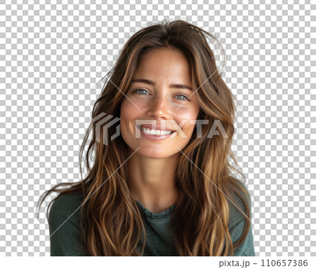 a smiling woman holding a green shirt with brown hair woman with skin a smiling woman holding a green shirt with brown hair woman with skin 110657386
