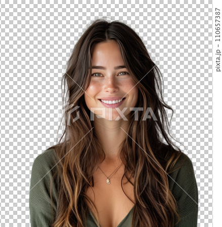 a smiling woman holding a green shirt with brown hair woman with skin 110657387