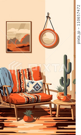 The living room in the house with large windows and decorated in Boho style, cozy home interiors, illustration 110657472
