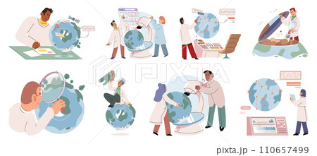 Scientific research. Vector illustration. Examining data collected during experiments helps draw meaningful conclusions Analyzing research findings allows for deeper understanding scientific phenomena Scientific research. Vector illustration. Examining data collected during experiments helps draw meaningful conclusions Analyzing research findings allows for deeper understanding scientific phenomena 110657499