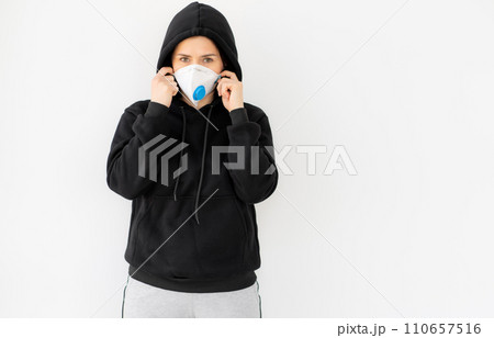 Girl in face mask with filter isolated on white background 110657516