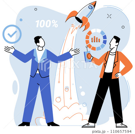 Successful project launch. Vector illustration. A development project idea, blueprint for potential innovations to come Project launch management, driver navigating road to successful project 110657594