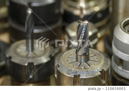 Close-up scene used  rough cutter  end mill tool in the light blue scene. 110658001