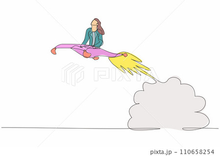 Single one line drawing businesswoman riding magic carpet rocket flying in the sky. Launch new textile business. Acceleration or increase sales growth. Continuous line draw design vector illustration Single one line drawing businesswoman riding magic carpet rocket flying in the sky. Launch new textile business. Acceleration or increase sales growth. Continuous line draw design vector illustration 110658254